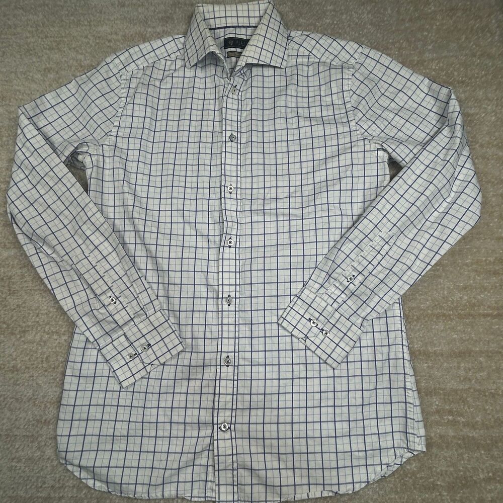 Riley Dress Shirt Mens M White Blue Windowpane Regular Fit  Cotton Long Sleeve